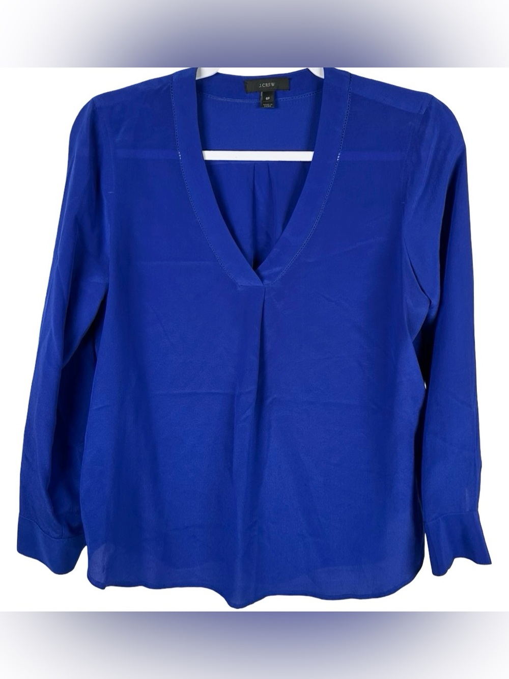 J. Crew Cobalt Blue V-Neck 100% Silk Long Sleeve Popover Blouse Size 6 Petite